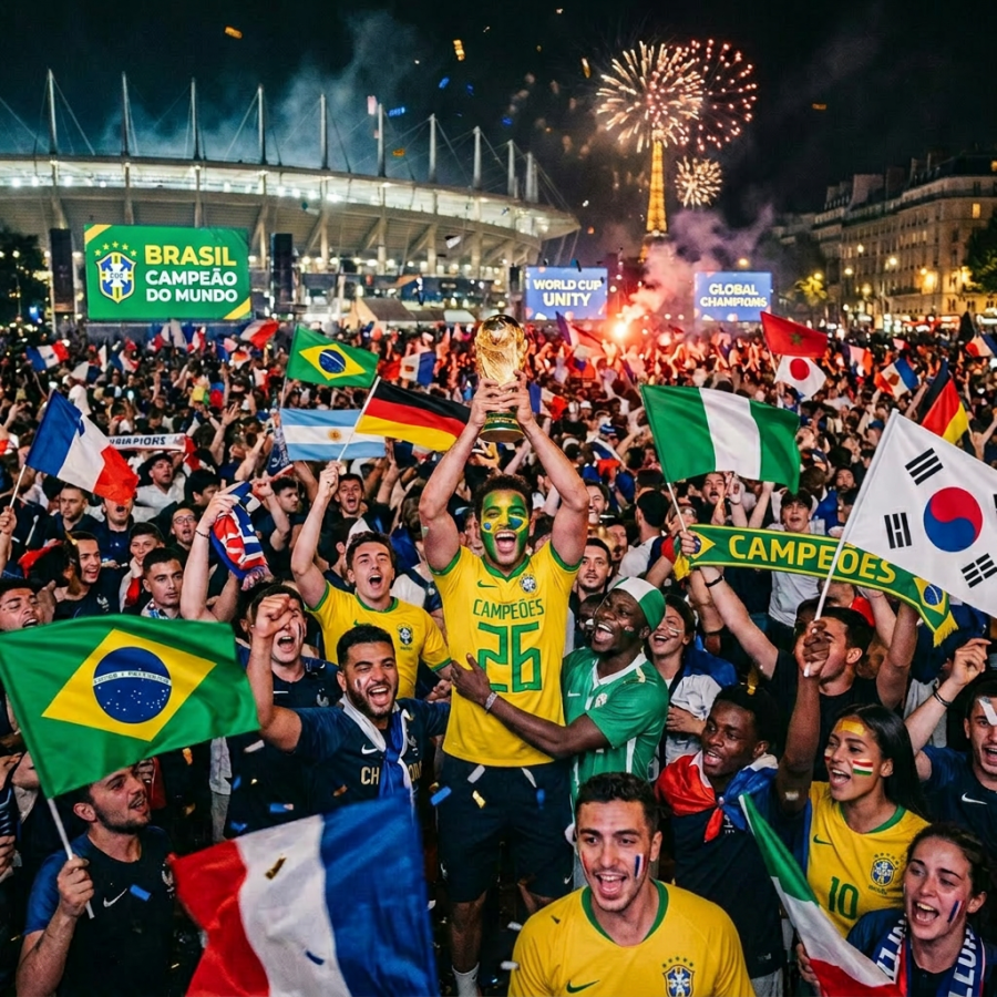 French football fans celebrating World Cup victory with trophy, flags, and fireworks at night